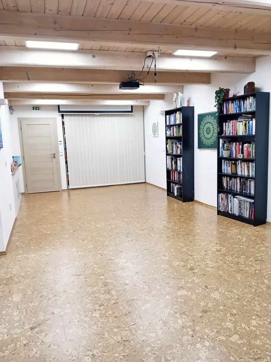 Velká místnost s knihovnami a rolovacím plátnem