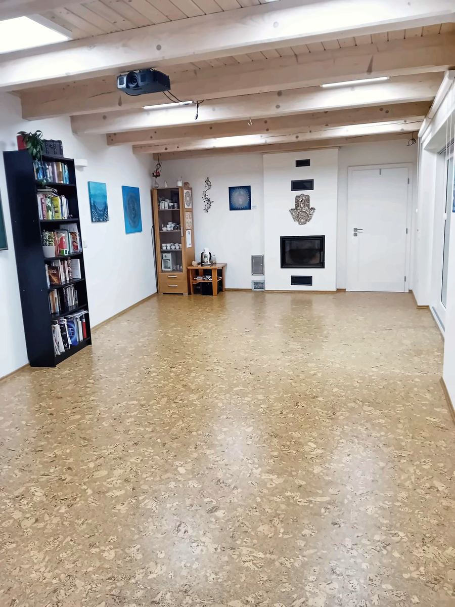 Velká místnost s knihovnami a krbem na konci